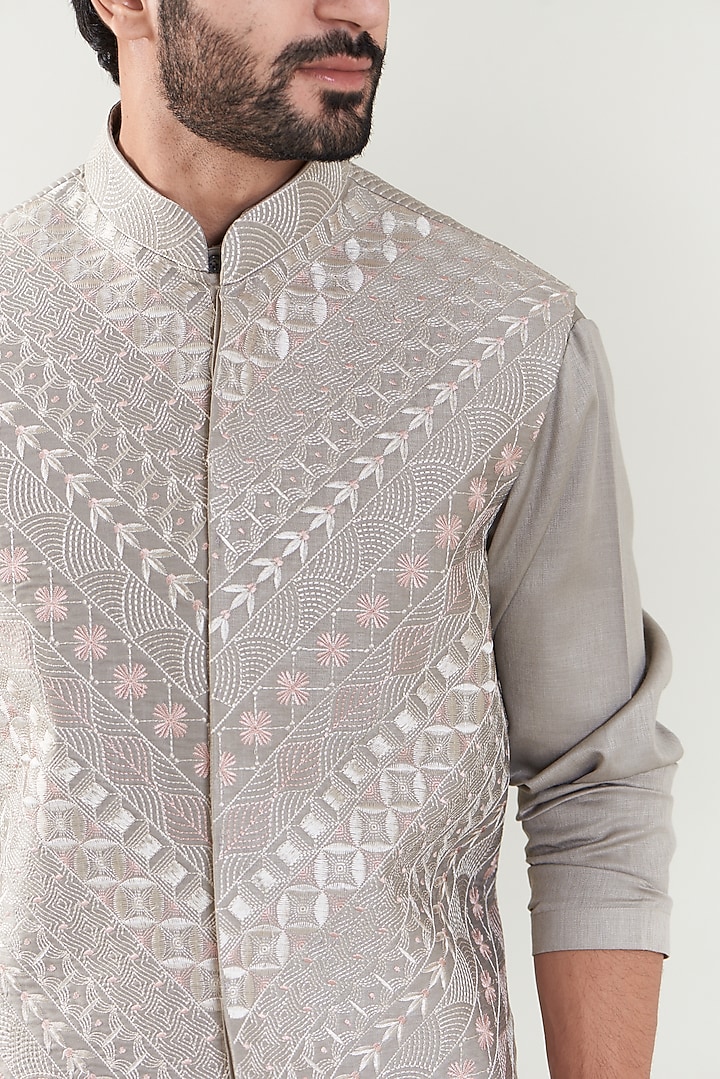 Grey Silk Embroidered Nehru Jacket With Kurta Set by SBJ at Pernia's Pop Up Shop