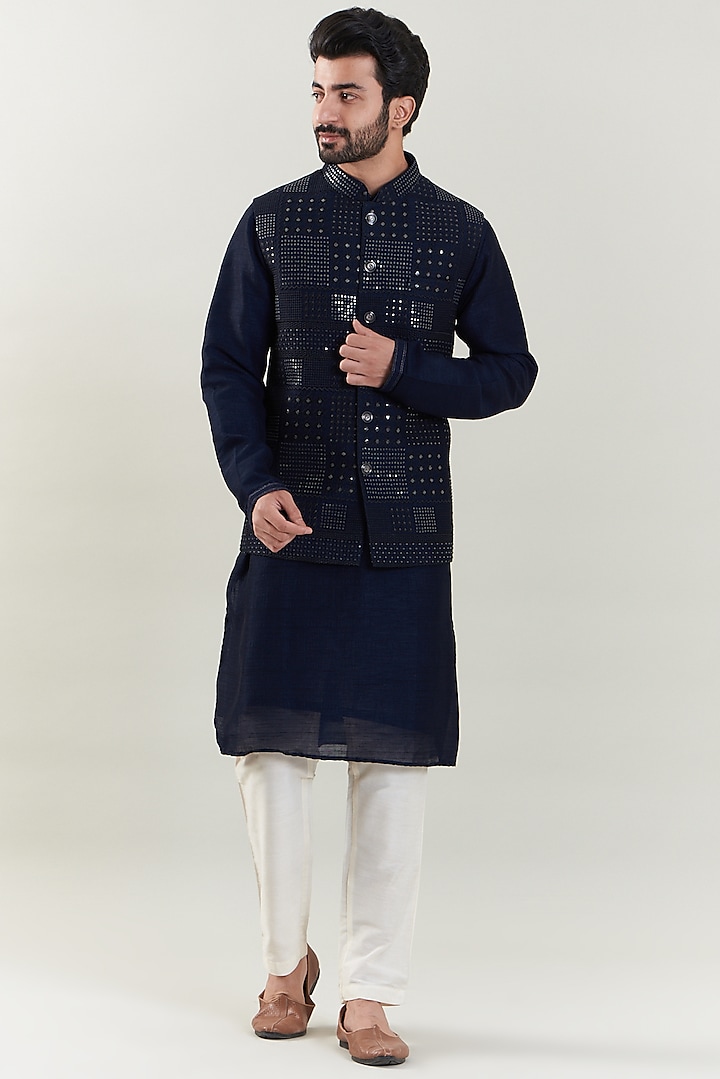 Dark Blue Silk Embroidered Waistcoat With Kurta Set by SBJ