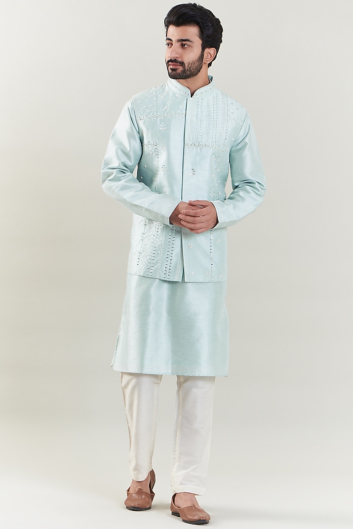 Ice Blue Dupion Silk Embroidered Waistcoat With Kurta Set by SBJ