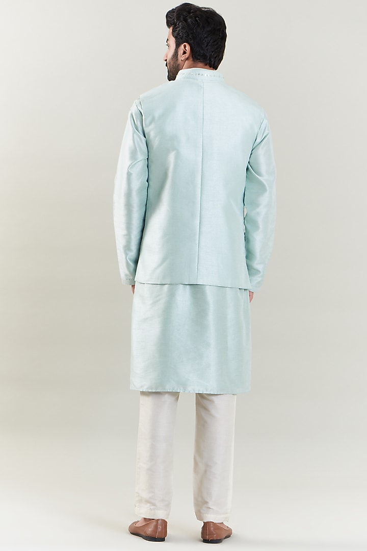 Ice Blue Dupion Silk Embroidered Waistcoat With Kurta Set by SBJ at Pernia's Pop Up Shop
