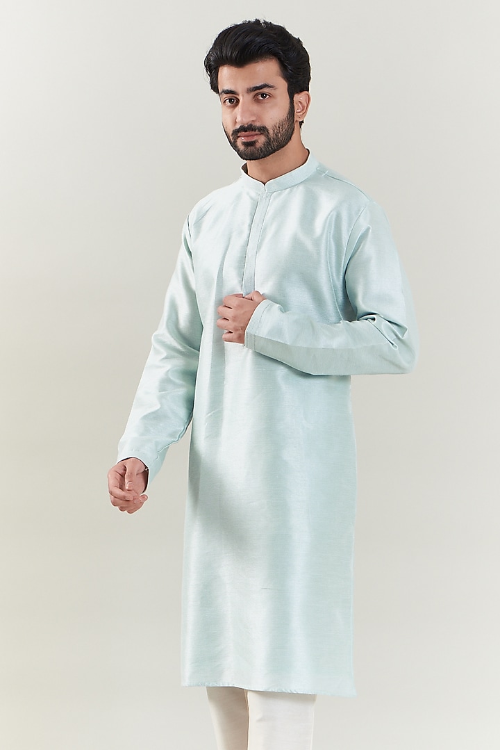 Ice Blue Dupion Silk Embroidered Waistcoat With Kurta Set by SBJ at Pernia's Pop Up Shop