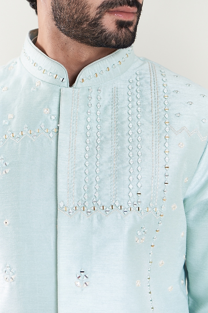 Ice Blue Dupion Silk Embroidered Waistcoat With Kurta Set by SBJ at Pernia's Pop Up Shop