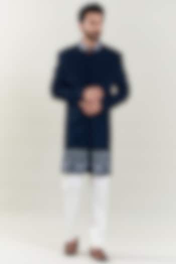 Dark Blue Poly Viscose Embroidered Wedding Sherwani Set by SBJ at Pernia's Pop Up Shop