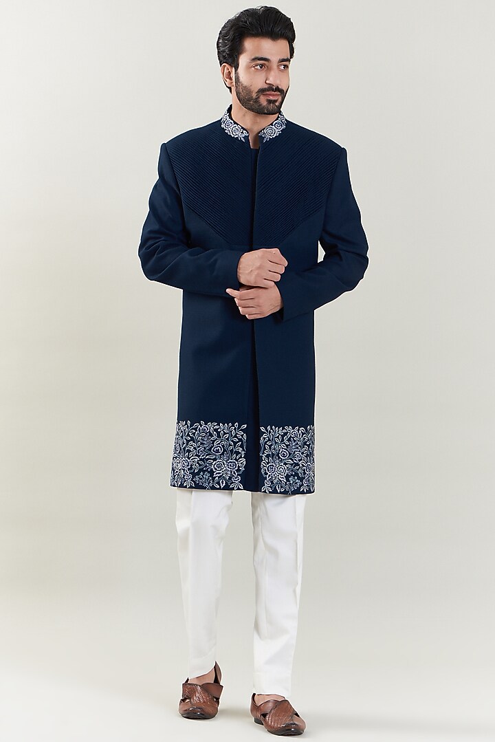Dark Blue Poly Viscose Embroidered Wedding Sherwani Set by SBJ at Pernia's Pop Up Shop