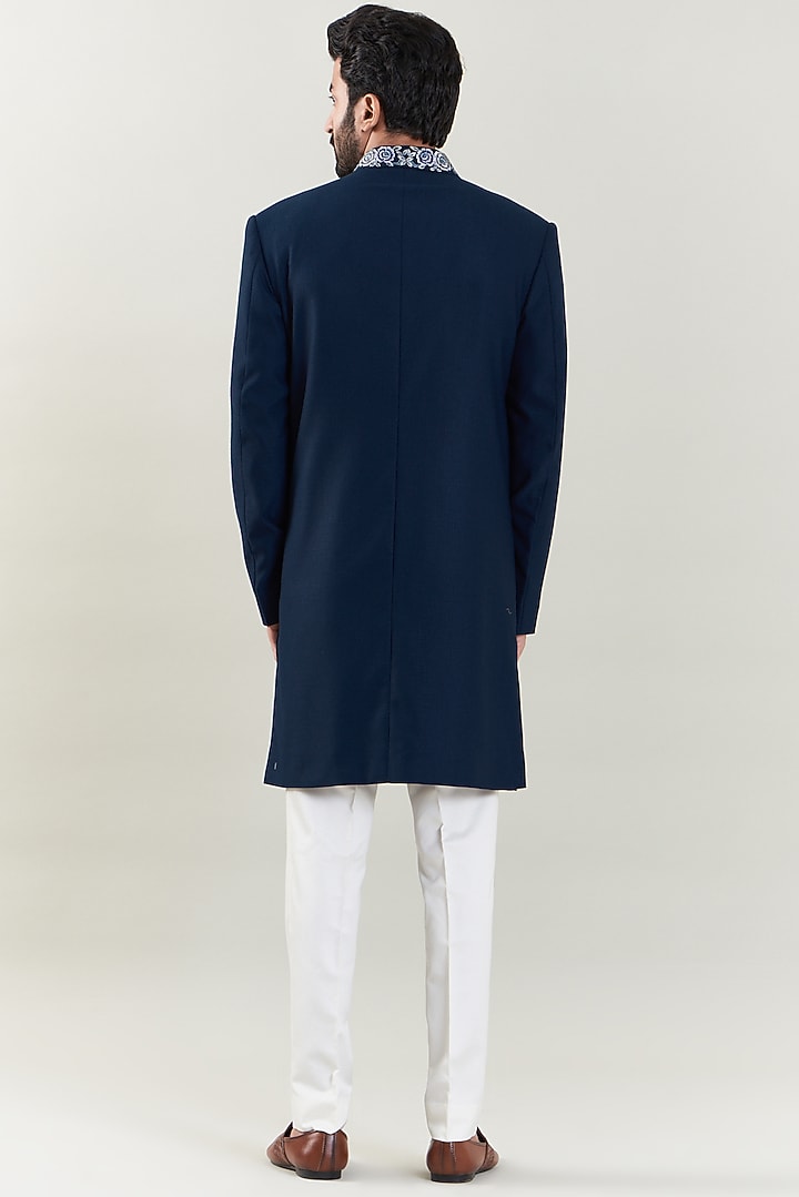 Dark Blue Poly Viscose Embroidered Wedding Sherwani Set by SBJ at Pernia's Pop Up Shop