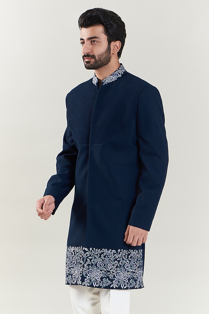 Dark Blue Poly Viscose Embroidered Wedding Sherwani Set by SBJ at Pernia's Pop Up Shop