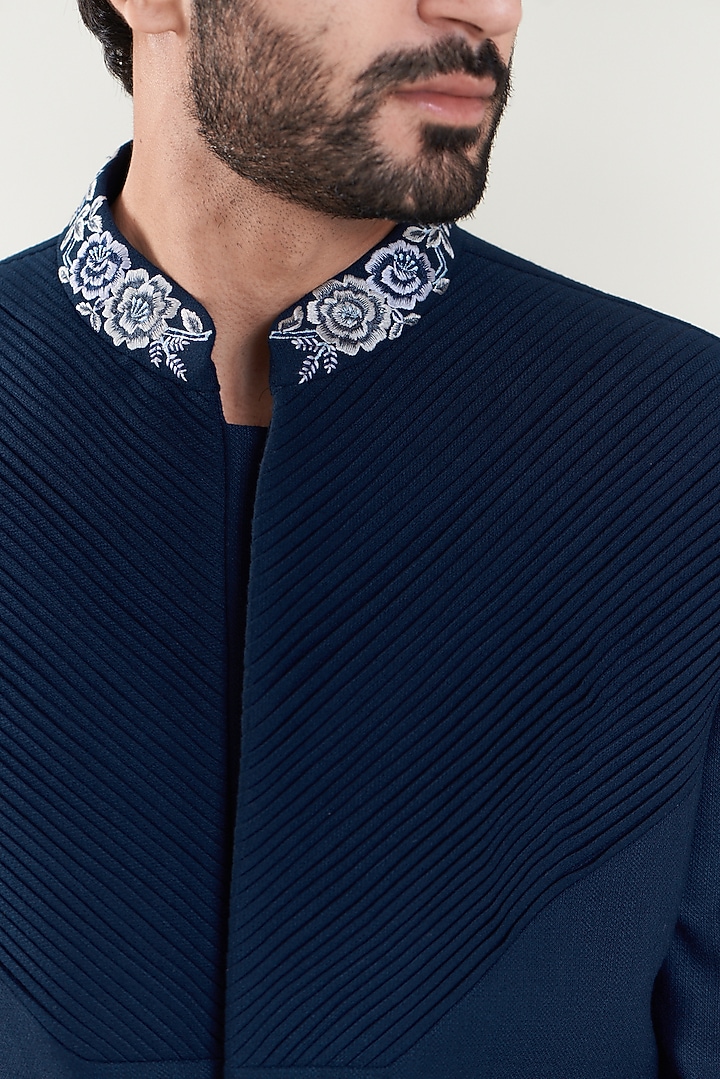 Dark Blue Poly Viscose Embroidered Wedding Sherwani Set by SBJ at Pernia's Pop Up Shop