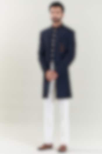 Navy Blue Suede Embroidered Indo-Western Set by SBJ at Pernia's Pop Up Shop