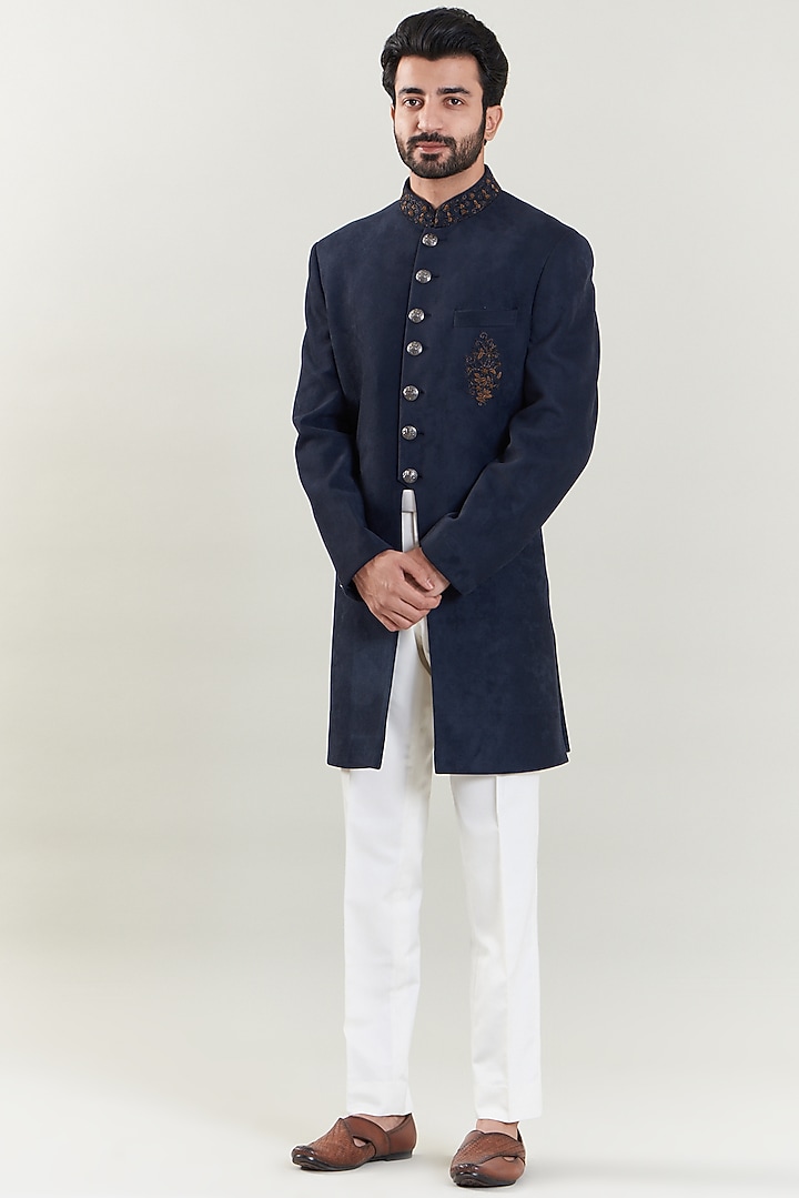 Navy Blue Suede Embroidered Indo-Western Set by SBJ at Pernia's Pop Up Shop