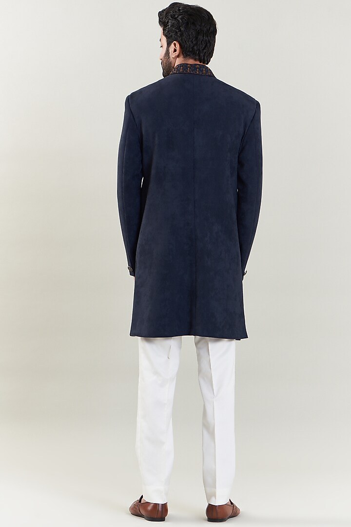 Navy Blue Suede Embroidered Indo-Western Set by SBJ at Pernia's Pop Up Shop