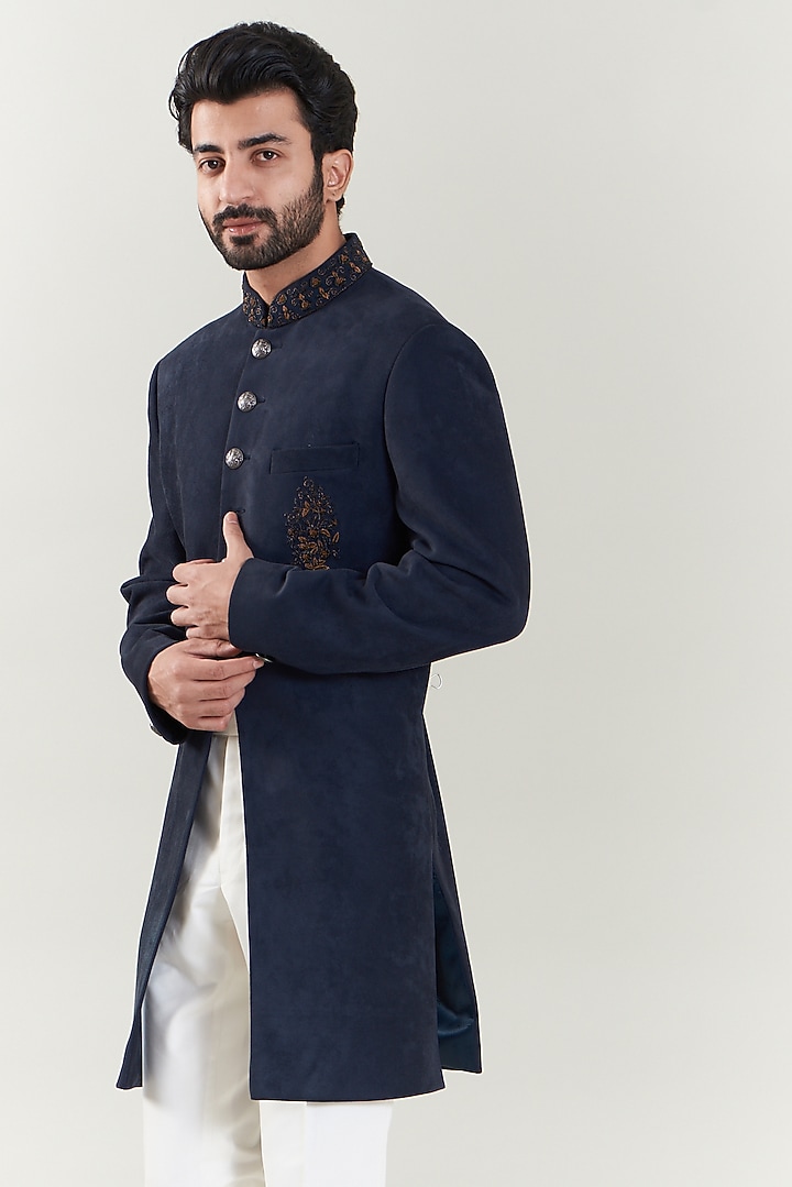 Navy Blue Suede Embroidered Indo-Western Set by SBJ at Pernia's Pop Up Shop