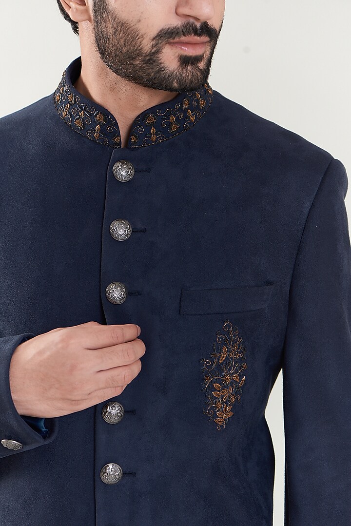 Navy Blue Suede Embroidered Indo-Western Set by SBJ at Pernia's Pop Up Shop