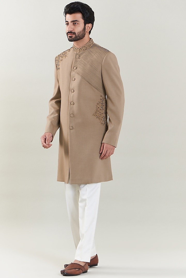 Dark Khaki Lycra Embroidered Wedding Sherwani Set by SBJ at Pernia's Pop Up Shop