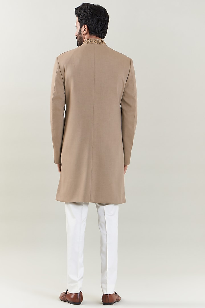 Dark Khaki Lycra Embroidered Wedding Sherwani Set by SBJ at Pernia's Pop Up Shop