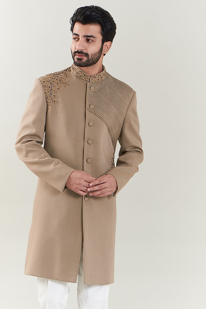 Dark Khaki Lycra Embroidered Wedding Sherwani Set by SBJ at Pernia's Pop Up Shop