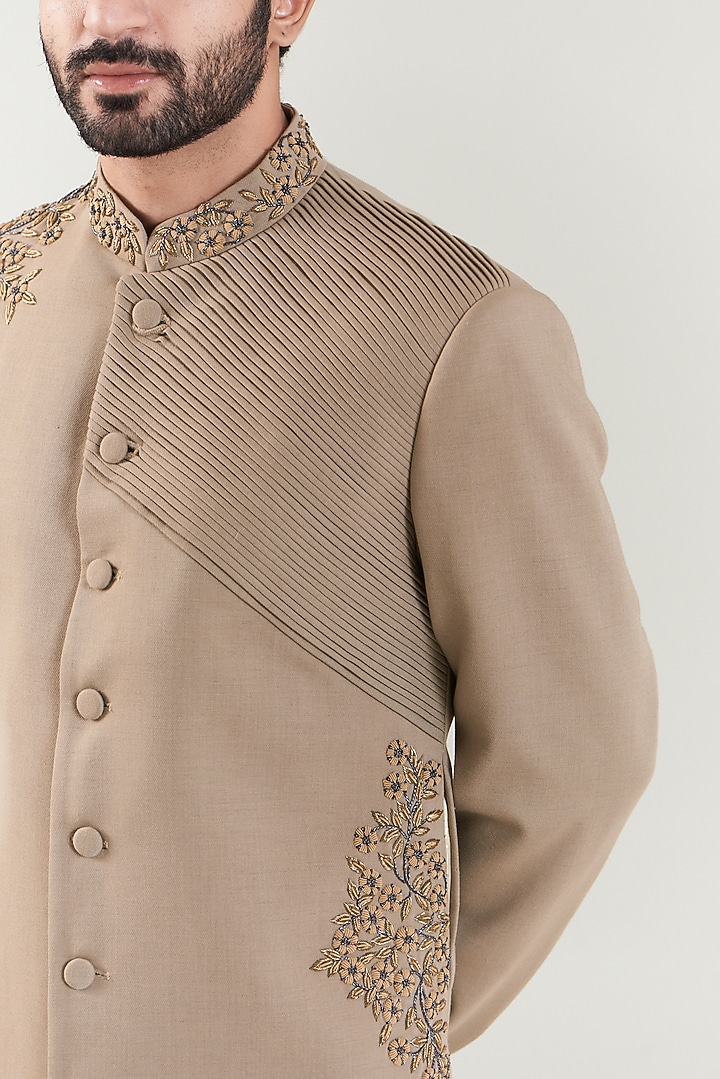 Dark Khaki Lycra Embroidered Wedding Sherwani Set by SBJ at Pernia's Pop Up Shop