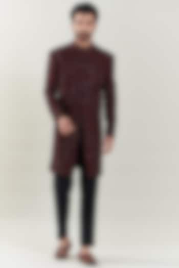 Dark Maroon Silk Embroidered Indo-Western Set by SBJ at Pernia's Pop Up Shop