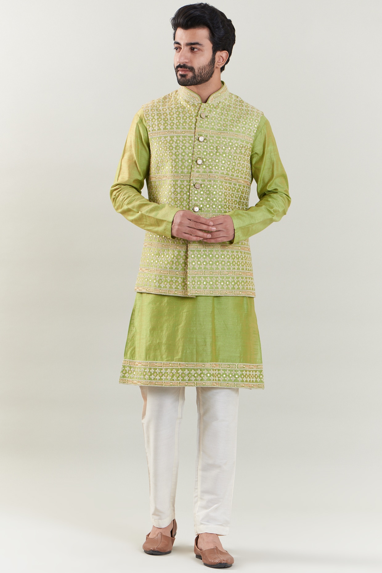 Buy Parrot Green Anarkali Dress Paired With A Floral Resham Jacket Online -  Kalki Fashion