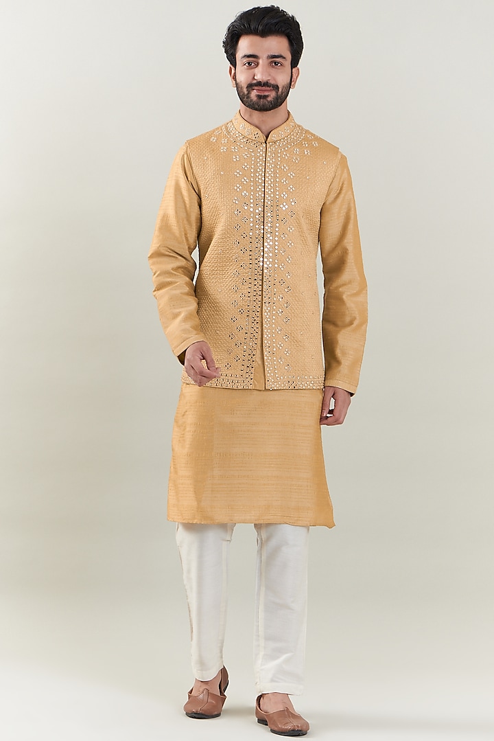 Peach Dupion Silk Embroidered Nehru Jacket Set by SBJ