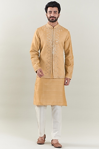 Peach Dupion Silk Embroidered Nehru Jacket Set by SBJ