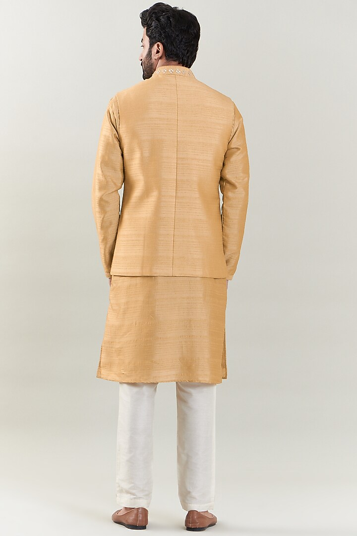 Peach Dupion Silk Embroidered Nehru Jacket Set by SBJ at Pernia's Pop Up Shop