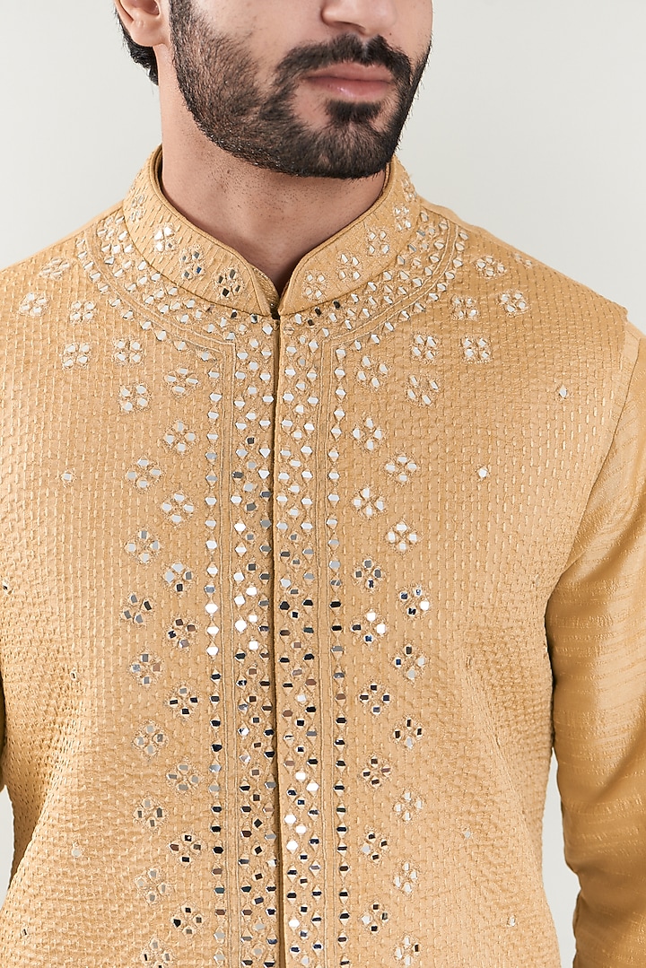 Peach Dupion Silk Embroidered Nehru Jacket Set by SBJ at Pernia's Pop Up Shop