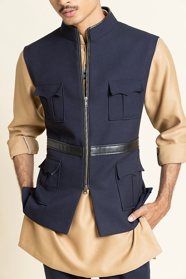 Navy Blue Brushed Poly Utility Waistcoat Set by SBJ at Pernia's Pop Up Shop