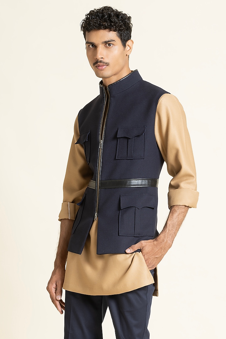 Navy Blue Brushed Poly Utility Waistcoat Set by SBJ at Pernia's Pop Up Shop