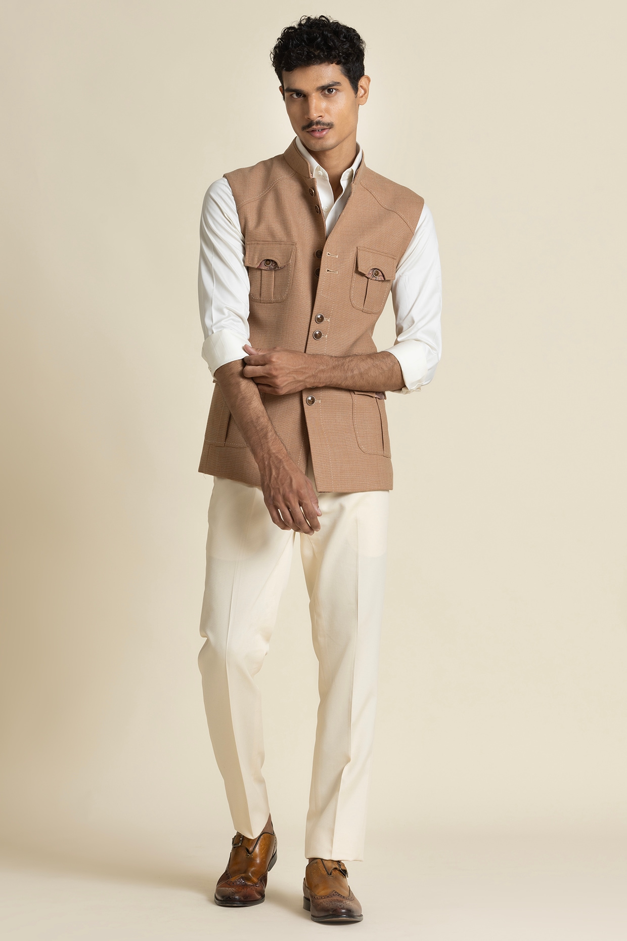 Dark Beige Poly Linen Safari Waistcoat by SBJ at Pernia's