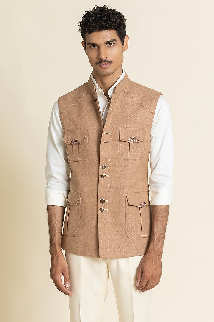 Dark Beige Poly Linen Safari Waistcoat by SBJ at Pernia's Pop Up Shop