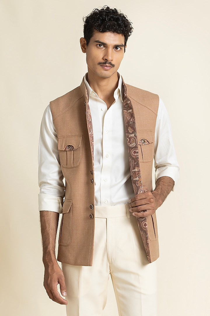 Dark Beige Poly Linen Safari Waistcoat by SBJ at Pernia's Pop Up Shop