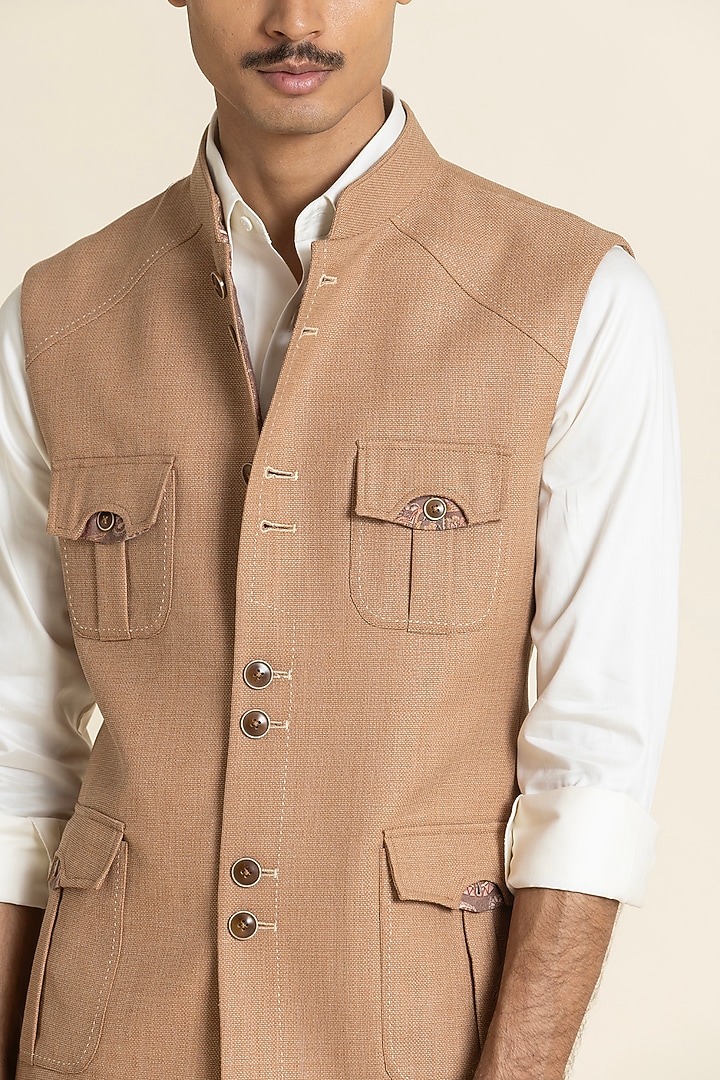 Dark Beige Poly Linen Safari Waistcoat by SBJ at Pernia's Pop Up Shop