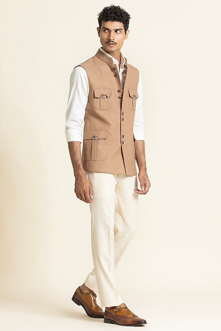 Dark Beige Poly Linen Safari Waistcoat by SBJ at Pernia's Pop Up Shop
