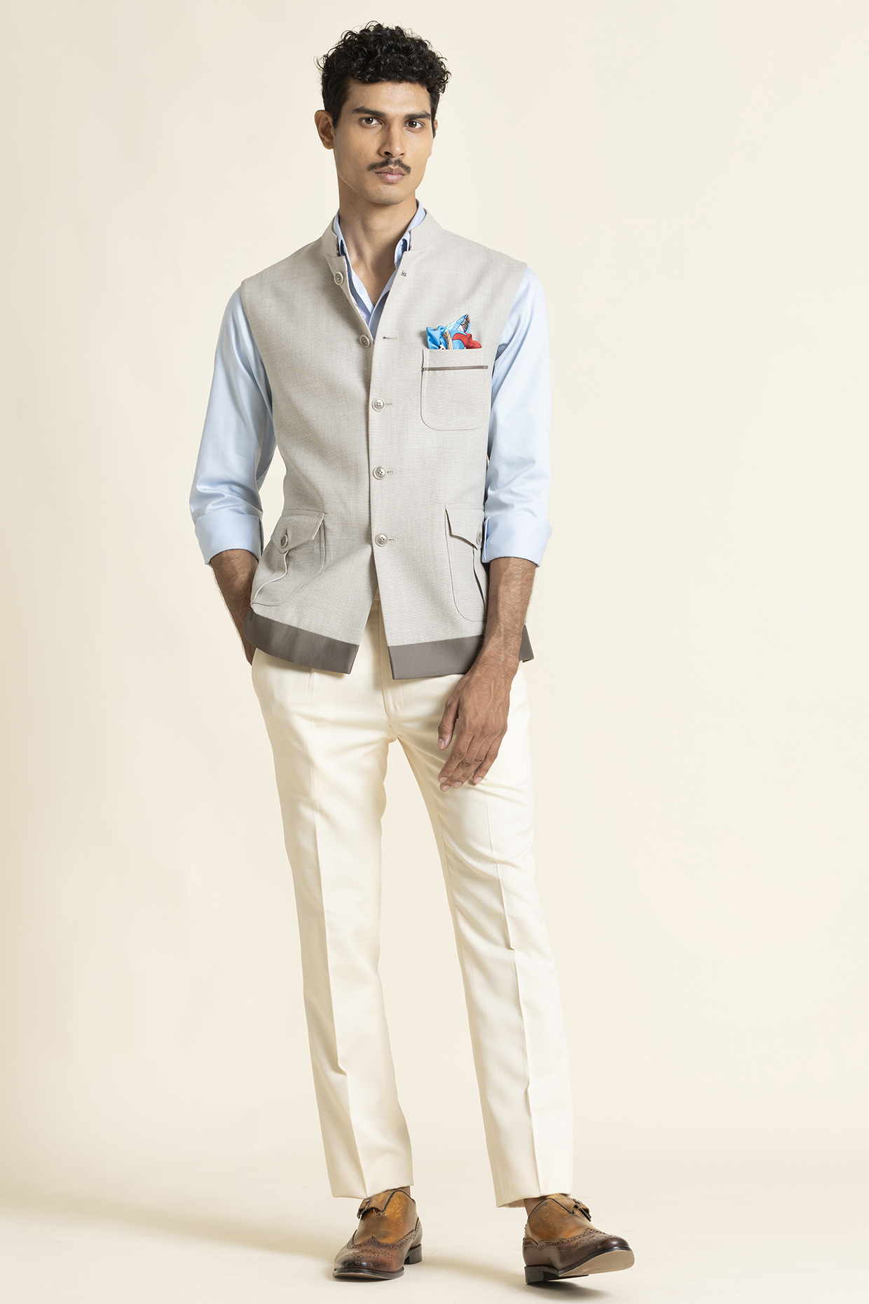 Beige Poly Linen Waistcoat by SBJ