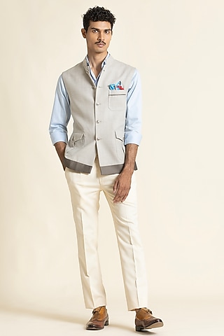 Beige Poly Linen Waistcoat by SBJ