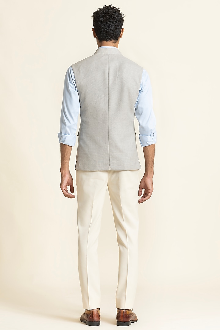 Beige Poly Linen Waistcoat by SBJ at Pernia's Pop Up Shop