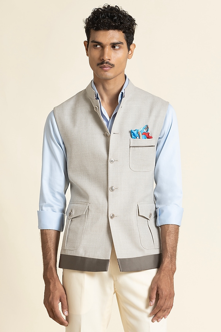 Beige Poly Linen Waistcoat by SBJ at Pernia's Pop Up Shop