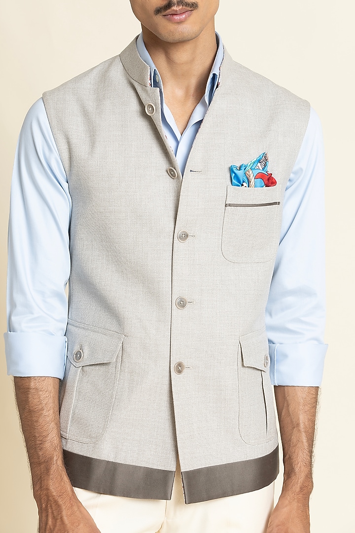 Beige Poly Linen Waistcoat by SBJ at Pernia's Pop Up Shop