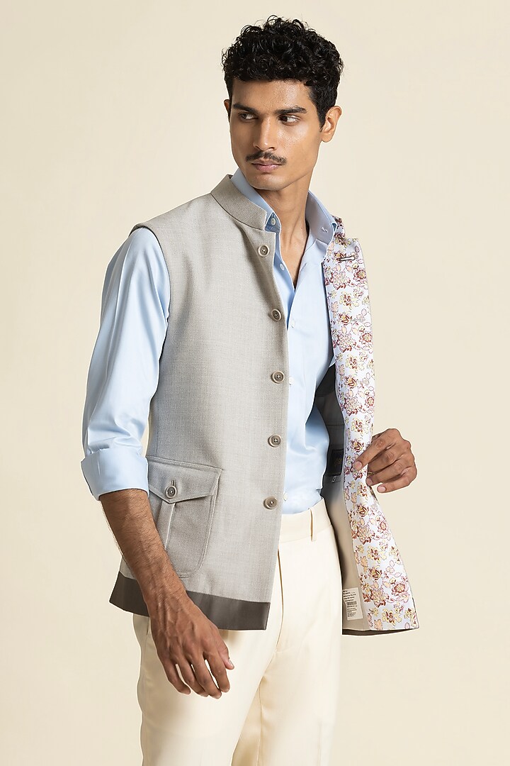 Beige Poly Linen Waistcoat by SBJ at Pernia's Pop Up Shop