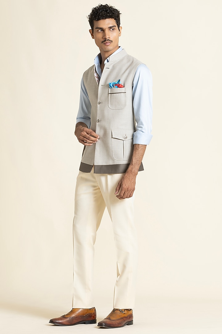 Beige Poly Linen Waistcoat by SBJ at Pernia's Pop Up Shop