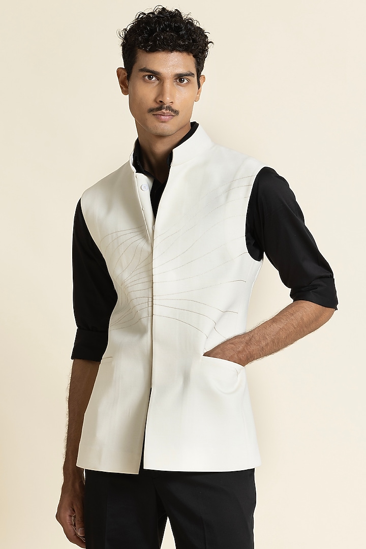 Ivory Poly Linen Waistcoat by SBJ at Pernia's Pop Up Shop
