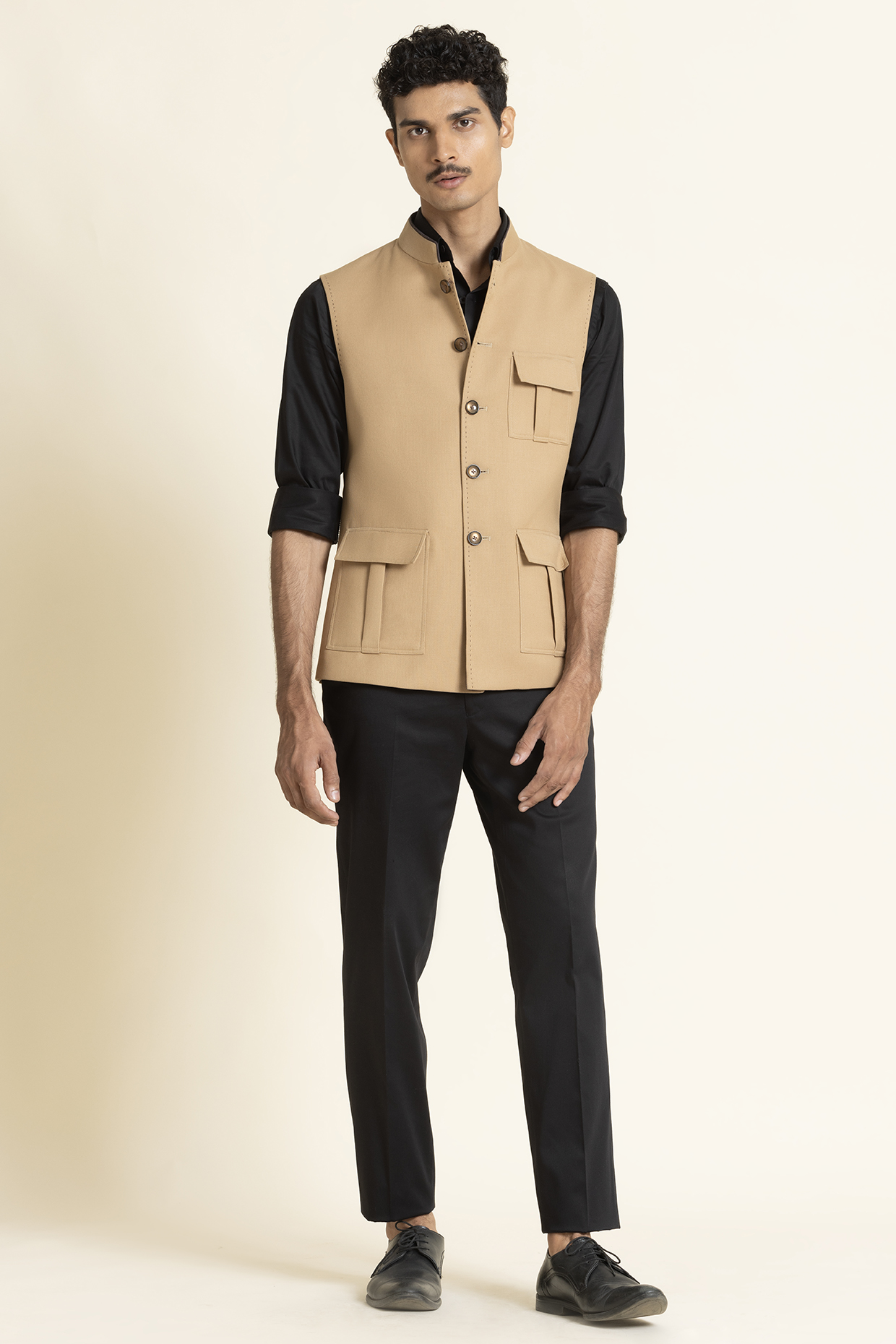 Beige Poly Linen Waistcoat by SBJ