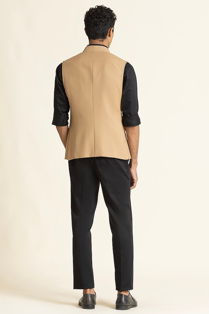 Beige Poly Linen Waistcoat by SBJ at Pernia's Pop Up Shop
