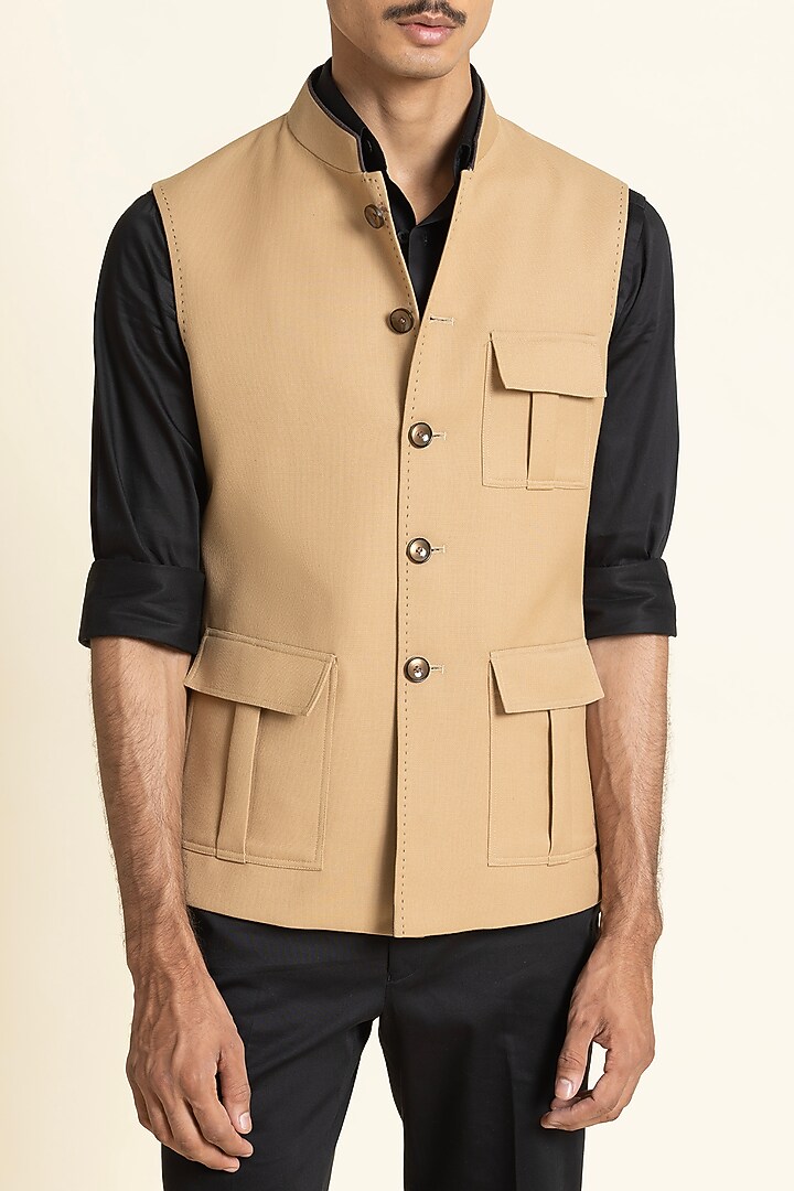 Beige Poly Linen Waistcoat by SBJ at Pernia's Pop Up Shop