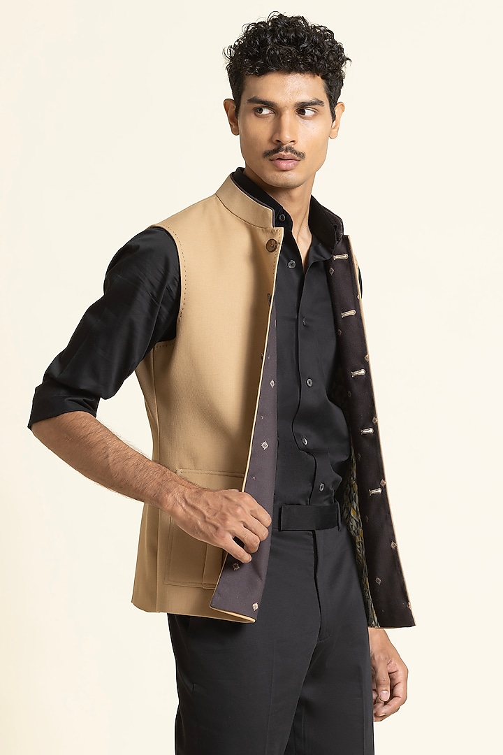 Beige Poly Linen Waistcoat by SBJ at Pernia's Pop Up Shop