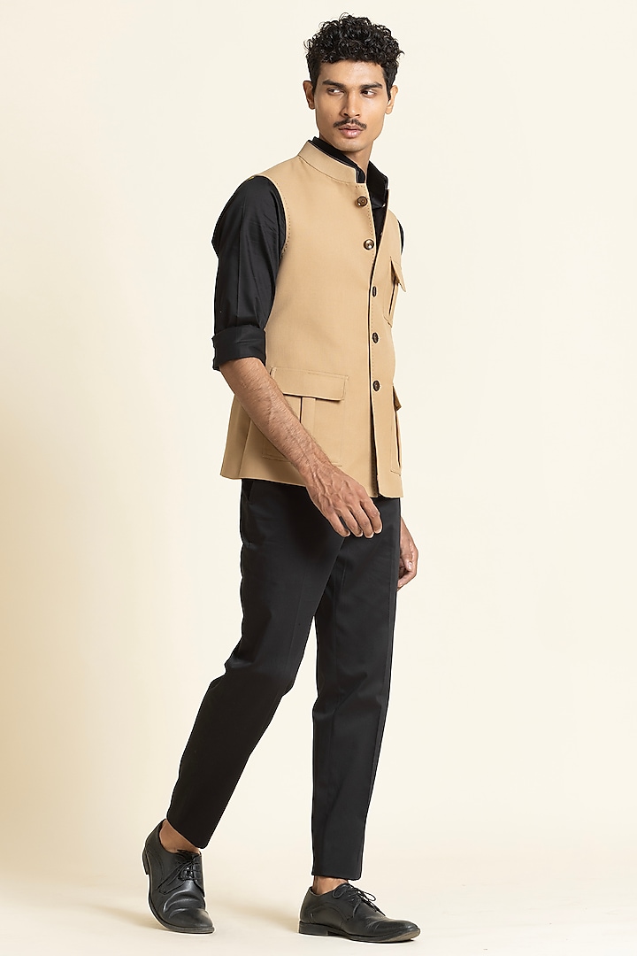 Beige Poly Linen Waistcoat by SBJ at Pernia's Pop Up Shop