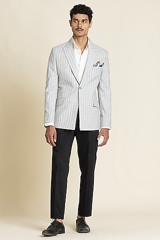 Greyish-Blue Linen Striped Jacket by SBJ
