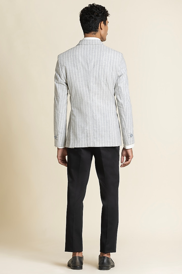 Greyish-Blue Linen Striped Jacket by SBJ at Pernia's Pop Up Shop