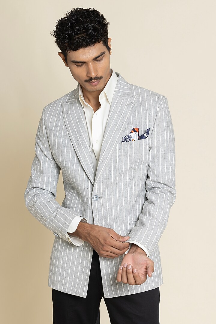Greyish-Blue Linen Striped Jacket by SBJ at Pernia's Pop Up Shop