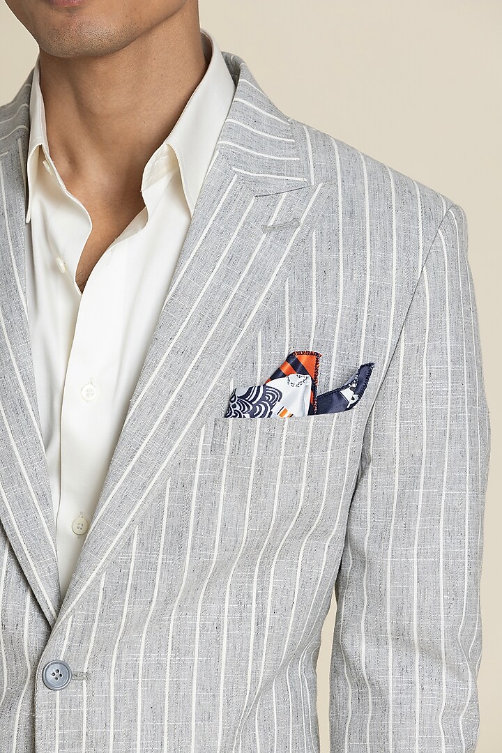 Greyish-Blue Linen Striped Jacket by SBJ at Pernia's Pop Up Shop